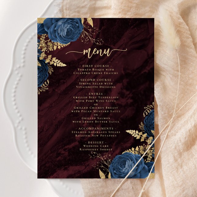 Convites Navy Blue Gold Floral Burgundy Wedding (Criador carregado)