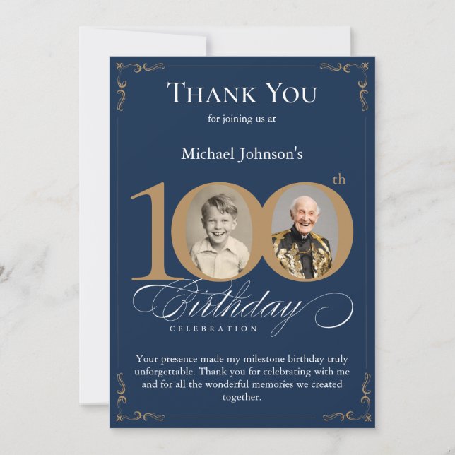 Convites Navy Blue Gold Photo 100th Birthday Thank You Card (Frente)