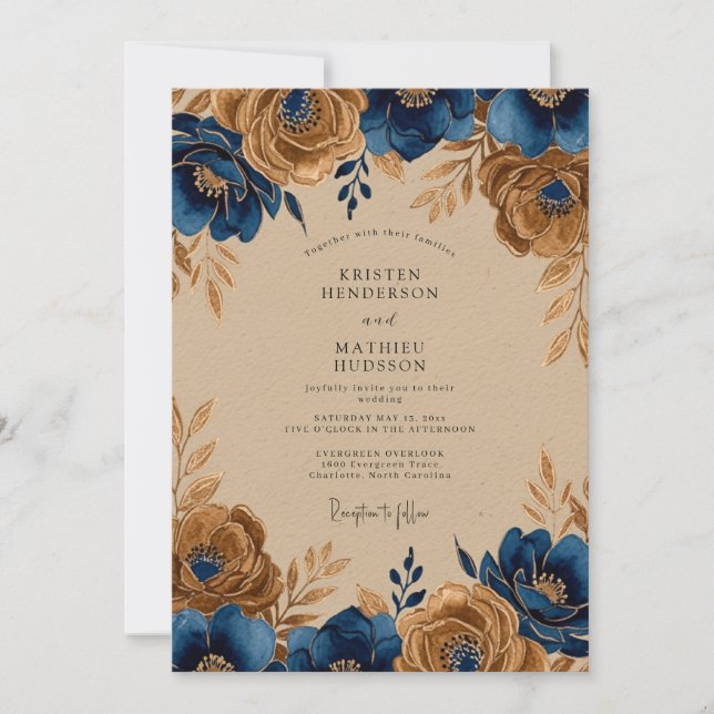Convites Navy Blue Gold Regal Rustic Wedding (Frente)