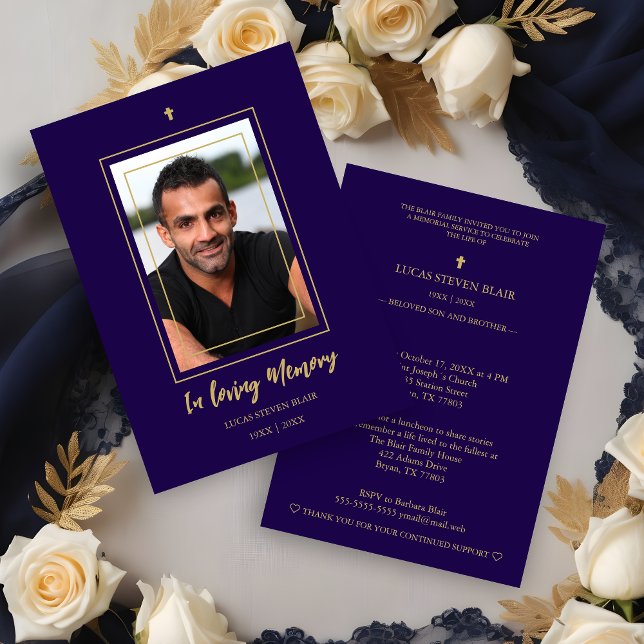 Convites Navy Blue & Golden Traditional Elegant Funeral  (Navy Blue & Golden Traditional Elegant Funeral Photo Invitation Card. )