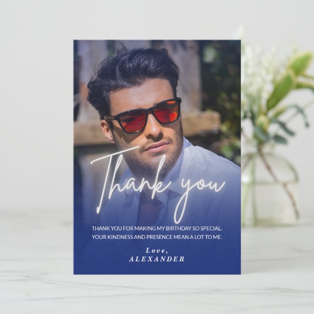 Convites Navy blue Gradient Photo Birthday Thank you card (Em pé/Frente)