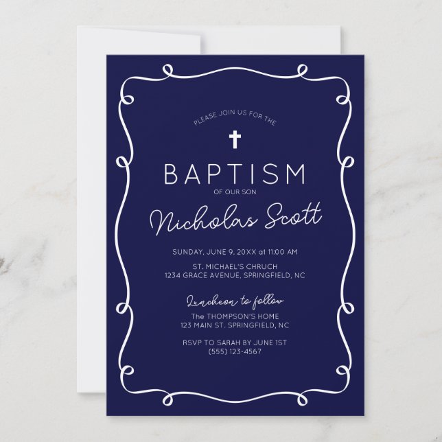 Convites Navy Blue Hand Drawn Baptism Invitation (Frente)