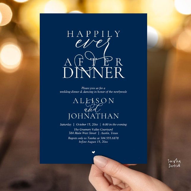 Convites Navy Blue Happily Ever After Dinner Modern Wedding (Navy Blue Happily Ever After Dinner Modern Script Wedding Invitation Card)