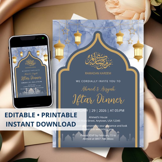 Convites Navy Blue Ink & Gold Frame Iftar Invitation (Criador carregado)