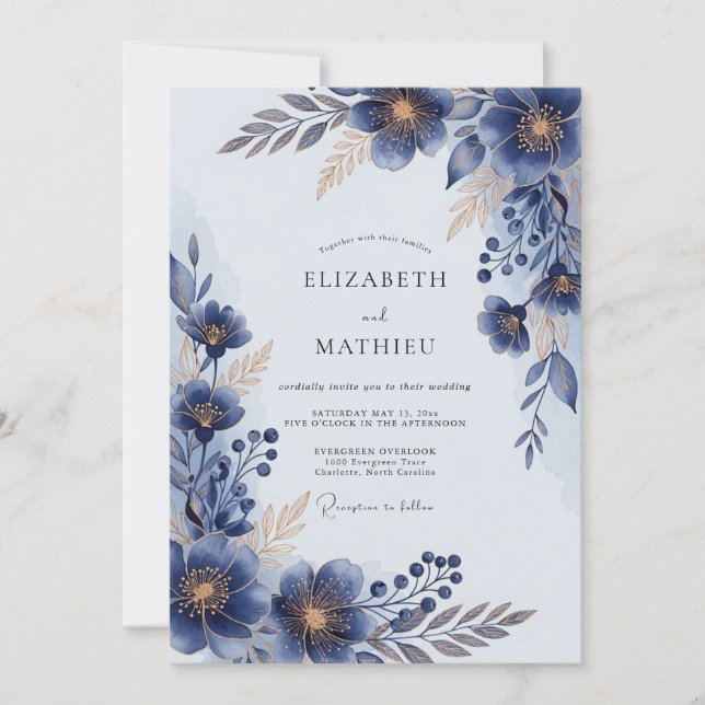 Convites Navy Blue Lustrous Floral Wedding (Frente)