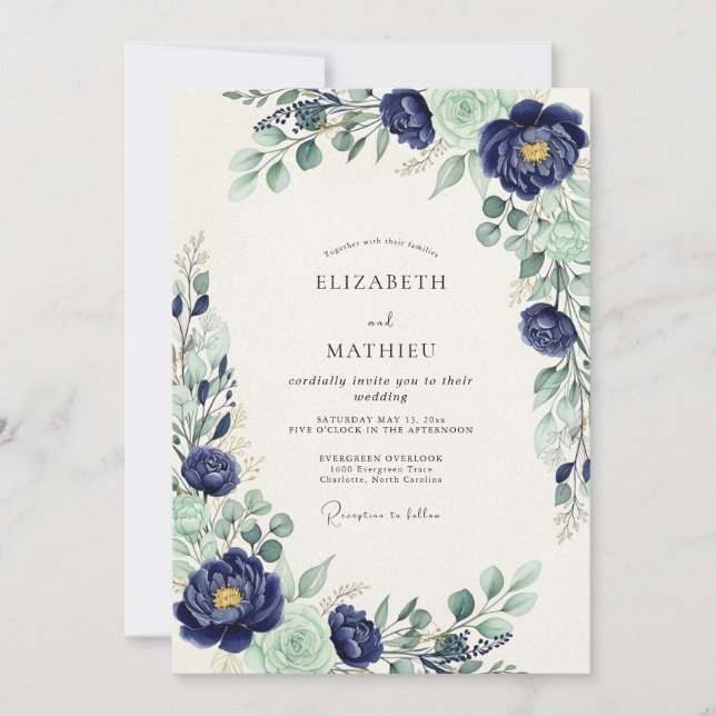 Convites Navy Blue Majestic Botanical Wedding (Frente)