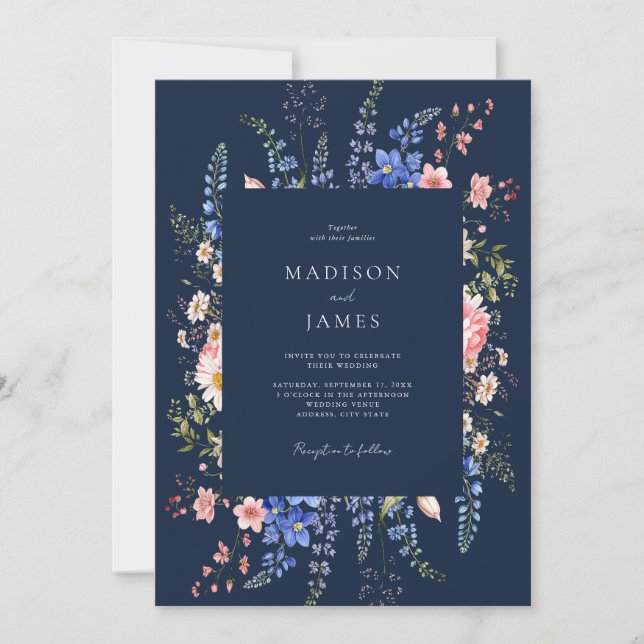 Convites Navy Blue Minimalist Wildflower Floral Wedding (Frente)