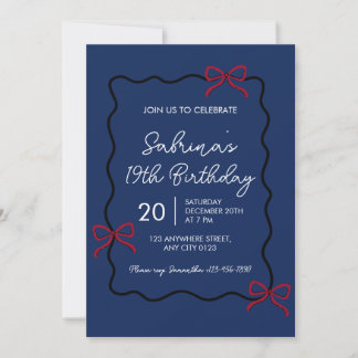 Convites Navy Blue Modern Coquette 19th Birthday Invitation