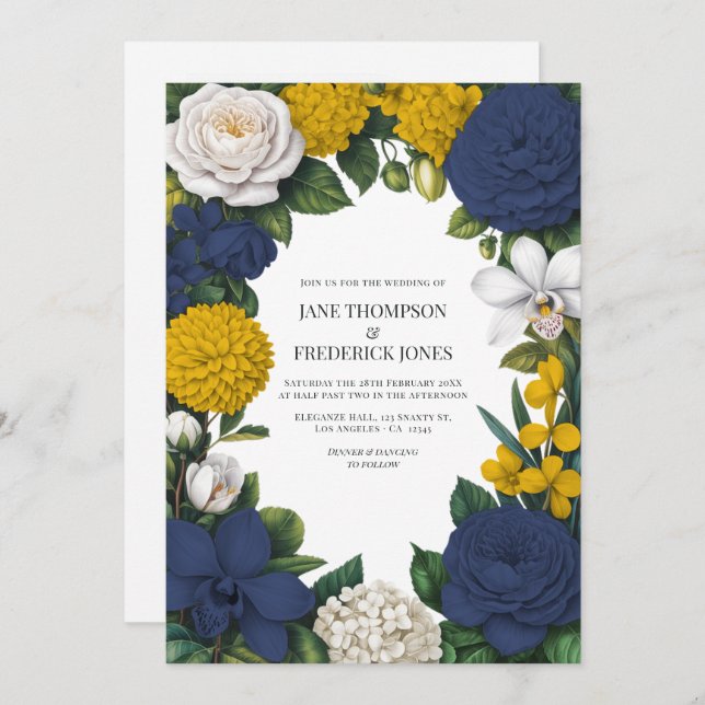 Convites Navy Blue, Mustard Yellow & White Floral Wedding (Frente/Verso)