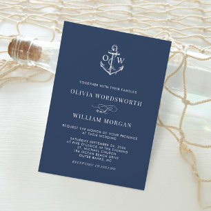 Convites Navy Blue Nautical Anchor Monogram Minimal Wedding