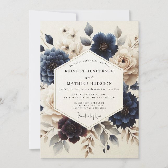 Convites Navy Blue Painterly Bloom Wedding (Frente)