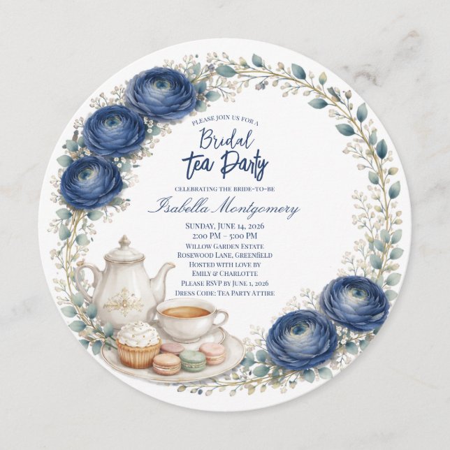 Convites Navy Blue Palette Tea Party Bridal Shower (Frente)