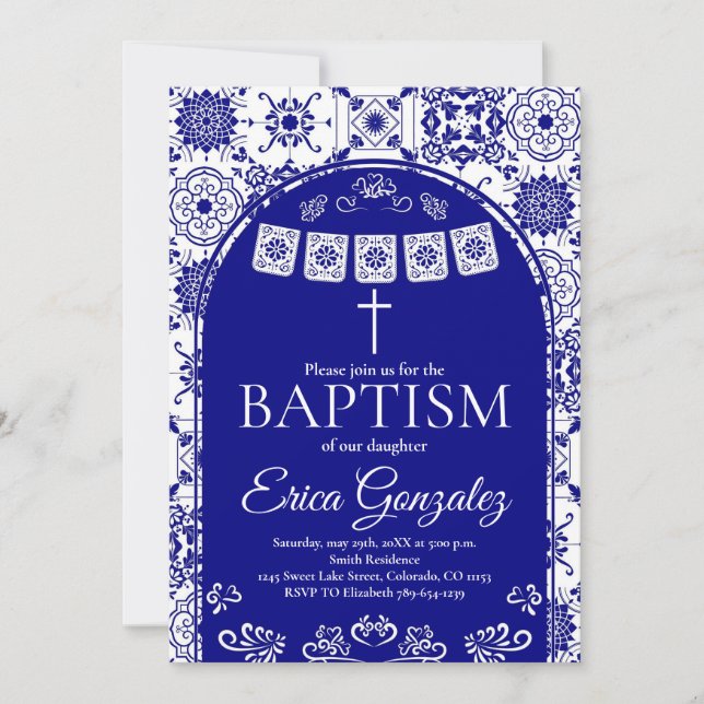 Convites Navy Blue Papel Picado Baptism Invitation (Frente)
