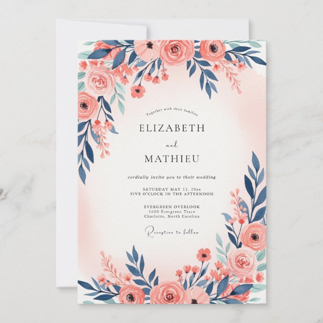 Convites Navy Blue Peach Ethereal Spring Wedding (Frente)