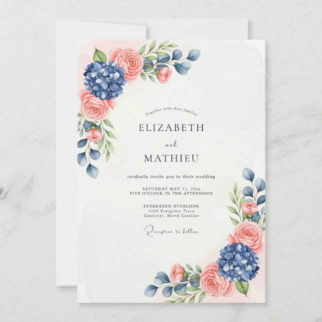 Convites Navy Blue Peach Sublime Botanical Wedding (Frente)