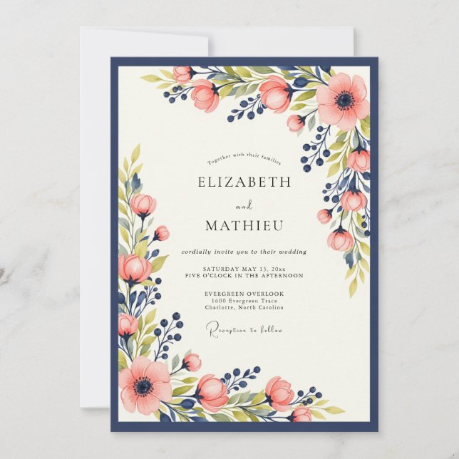 Convites Navy Blue Peach Vibrant Spring Floral Wedding (Frente)