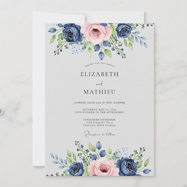 Convites Navy Blue Pink Lavish Botanical Wedding (Frente)