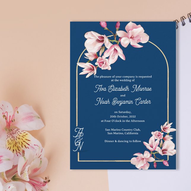 Convites Navy Blue Pink Magnolia Elegant Floral Wedding (Navy Blue Pink Magnolia Elegant Floral Wedding Invitation)