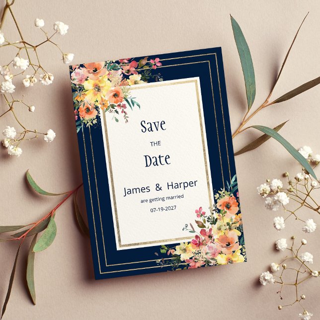 Convites Navy blue pink orange gold floral Save the Date (Navy blue pink orange gold floral Save the Date)