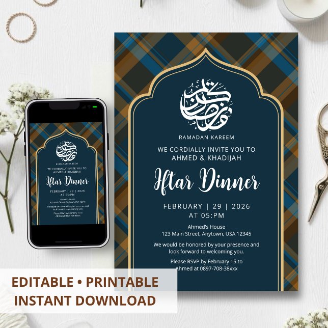 Convites Navy Blue Plaid Frame Ramadan Iftar Invitation (Criador carregado)