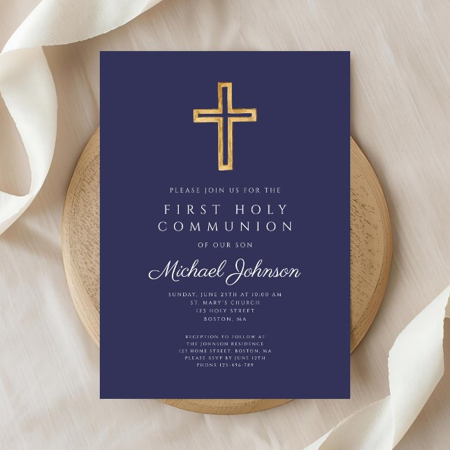 Convites Navy Blue Religious Cross Boy First Communion (Navy Blue Religious Cross Boy First Communion Invitation)