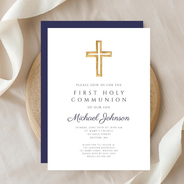 Convites Navy Blue Religious Cross Boy First Communion (Navy Blue Religious Cross Boy First Communion Invitation)