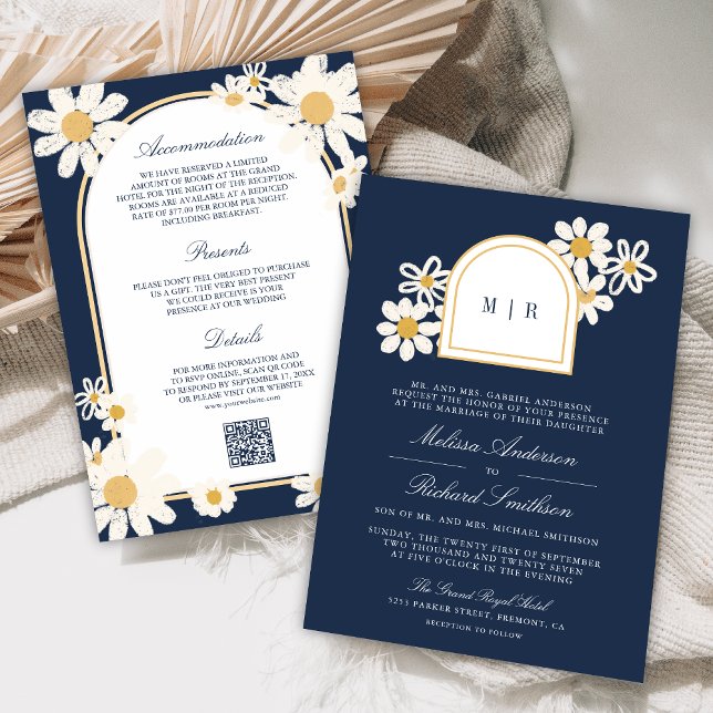 Convites Navy Blue Retro Yellow Daisy All in One Wedding (Criador carregado)