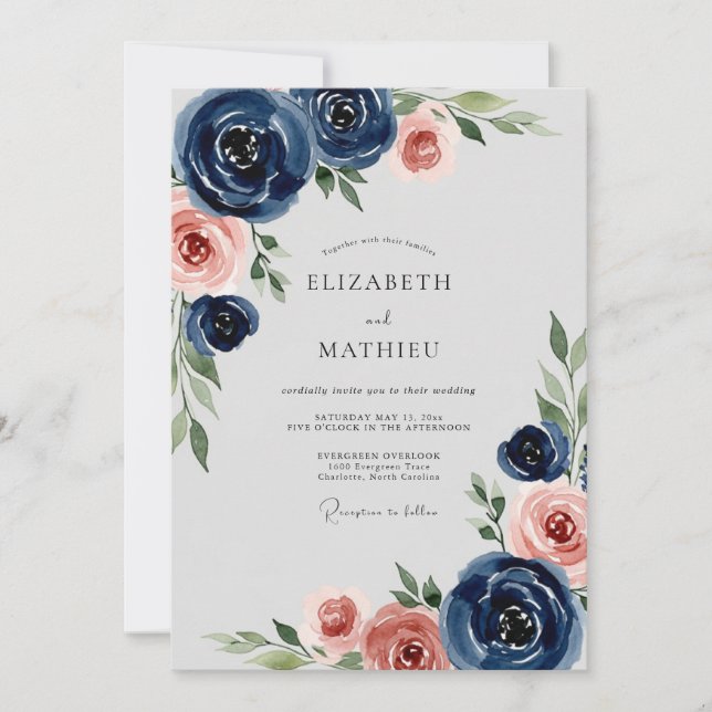 Convites Navy Blue Romantic Peony Wedding (Frente)