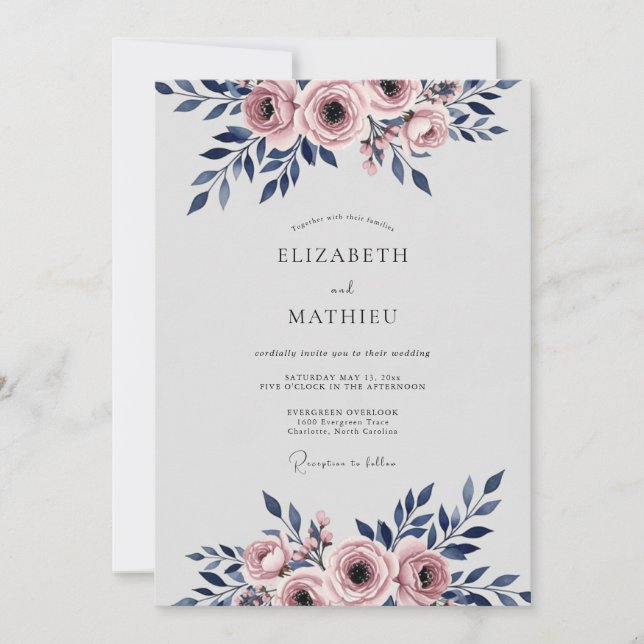 Convites Navy Blue Romantic Watercolor Wedding (Frente)