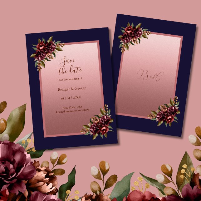 Convites Navy Blue Rose Gold Floral wedding Save the Date (Criador carregado)