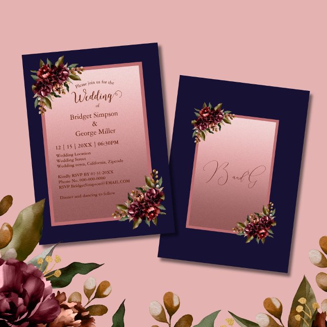 Convites Navy Blue Rose Gold Script Burgundy floral wedding (Criador carregado)