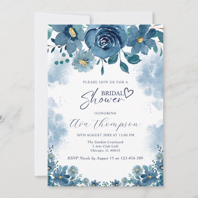 Convites Navy Blue Smoke Floral Bridal Shower Invitation (Frente)
