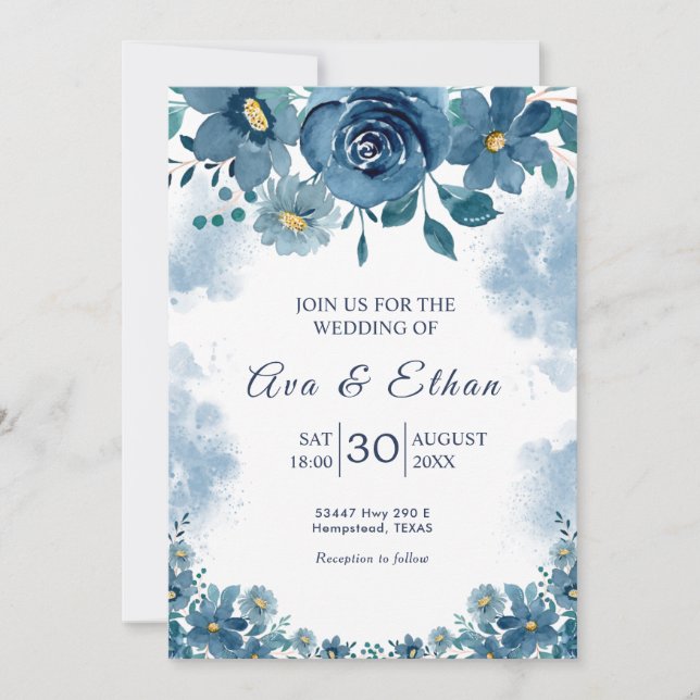 Convites Navy Blue Smoke Floral Wedding Invitation (Frente)