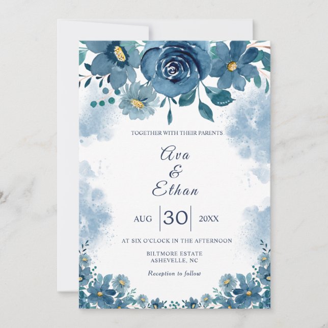 Convites Navy Blue Smoke Floral Wedding Invitation (Frente)