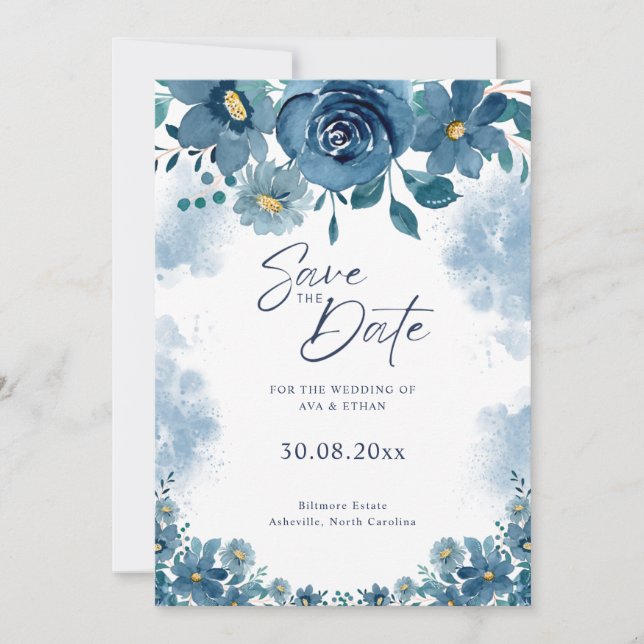 Convites Navy Blue Smoke Floral Wedding Save The Date (Frente)