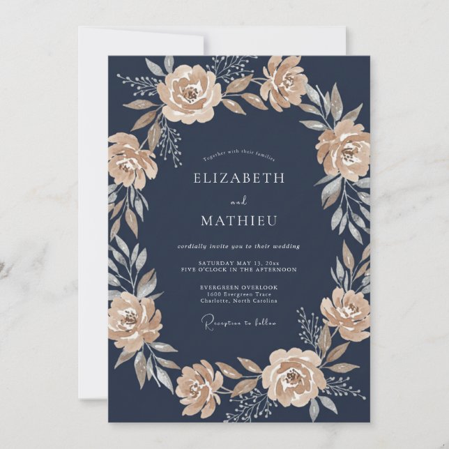 Convites Navy Blue Sophisticated Botanical Wedding (Frente)