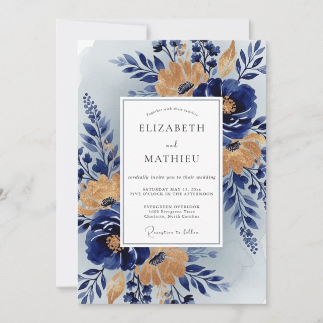 Convites Navy Blue Stately Botanical Wedding (Frente)