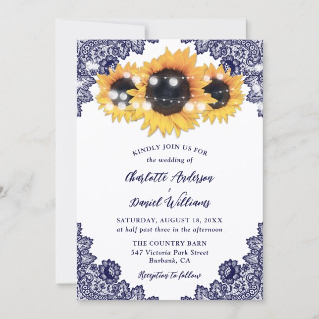 Convites Navy Blue Sunflower Floral Lace Rustic Wedding (Frente)