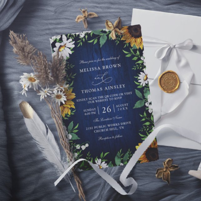 Convites Navy Blue Sunflower Rustic Budget QR Code Wedding (Criador carregado)