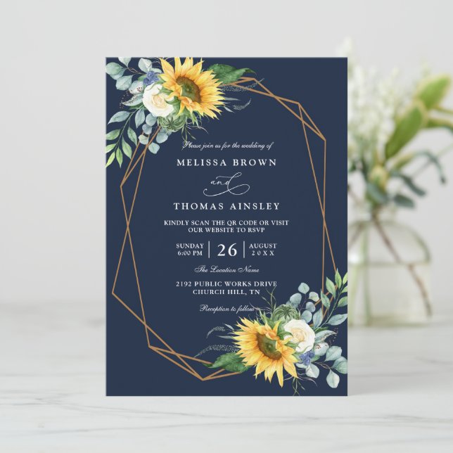 Convites navy blue Sunflower white peony qr code wedding (Em pé/Frente)