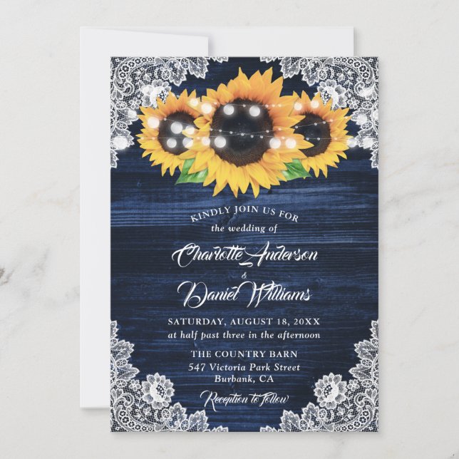Convites Navy Blue Sunflower Wood Floral Lace Wedding (Frente)