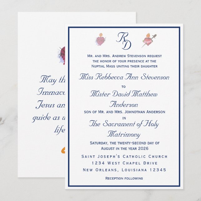 Convites Navy-Blue Two Hearts Catholic Wedding Invitation (Frente/Verso)
