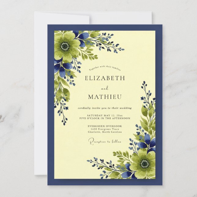 Convites Navy Blue Vivid Botanical Wedding (Frente)