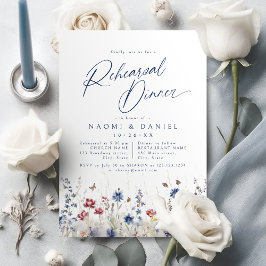 Convites Navy Blue Watercolor Wildflower Rehearsal Dinner