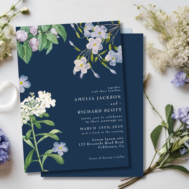 Convites Navy blue watercolor wildflowers classic wedding (Criador carregado)