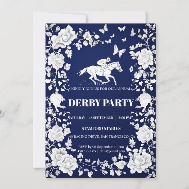 Convites Navy Blue & White Toile Floral Kentucky Derby Invi (Frente)
