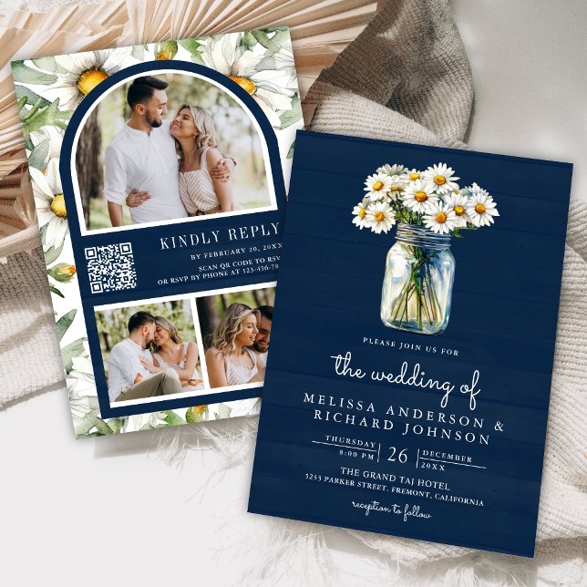 Convites Navy Blue Wood Daisies Mason Jar QR Code Wedding (Criador carregado)