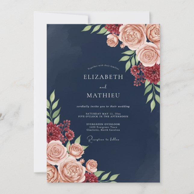 Convites Navy Blush Bloom Romance Wedding (Frente)
