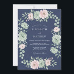 Convites Navy Blush Botanical Romance Wedding<br><div class="desc">A romantic wreath of blush pink and sage green blooms adorns a deep navy backdrop. Delicate floral elements create an enchanting atmosphere,  perfect for a sophisticated celebration. The soft color palette evokes a mood of gentle elegance.</div>
