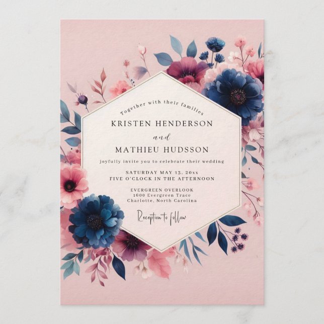 Convites Navy Blush Moody Bloom Wedding (Frente)